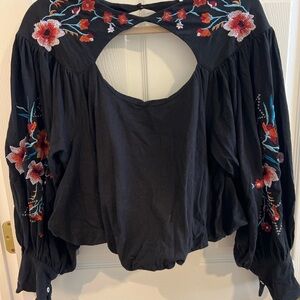 Free People Boho Embroidered Bubble Hem Blouse – Black with Floral Sleeve Detail